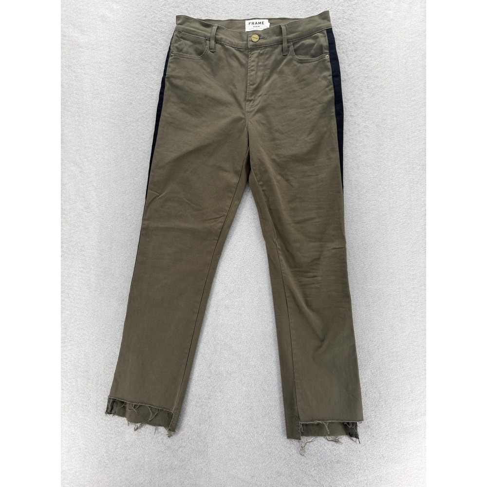 FRAME Le High Straight Jeans Womens 27 Army Green High Rise Stretch Side Stripe